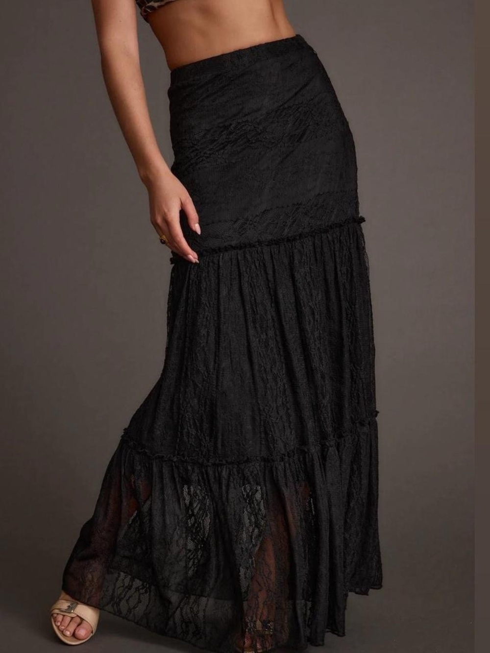12th Tribe Black Lace Tiered Maxi Skirt